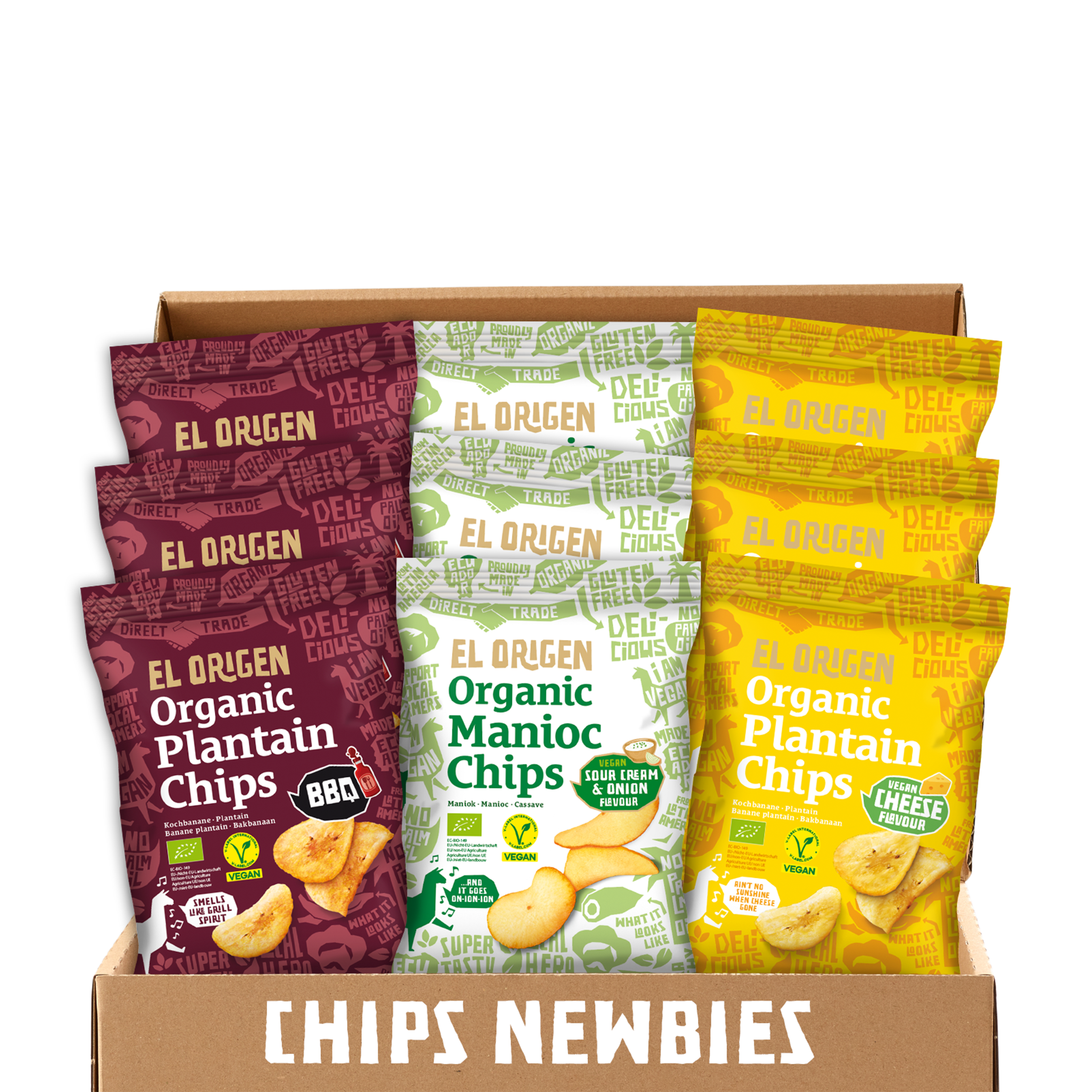 Available now: Chips Newbies: snack pack of el origen organic chips new varieties (9 packs)