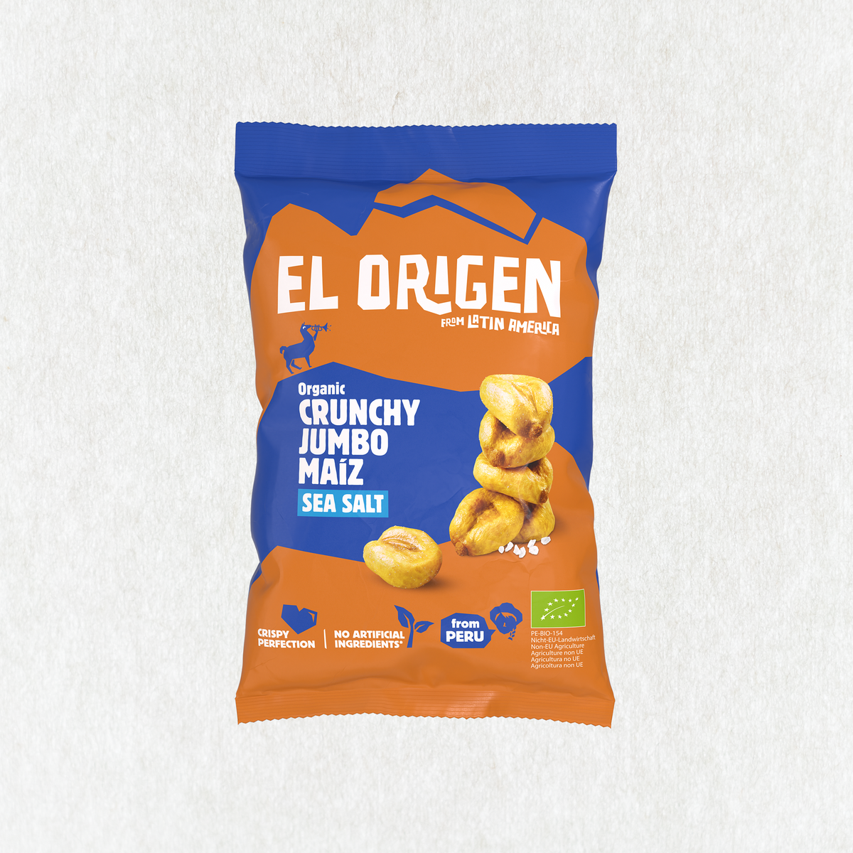 el origen Bio Crunchy Jumbo Maíz mit Meersalz – Riesenmais-Snack aus Peru, Packung von vorne