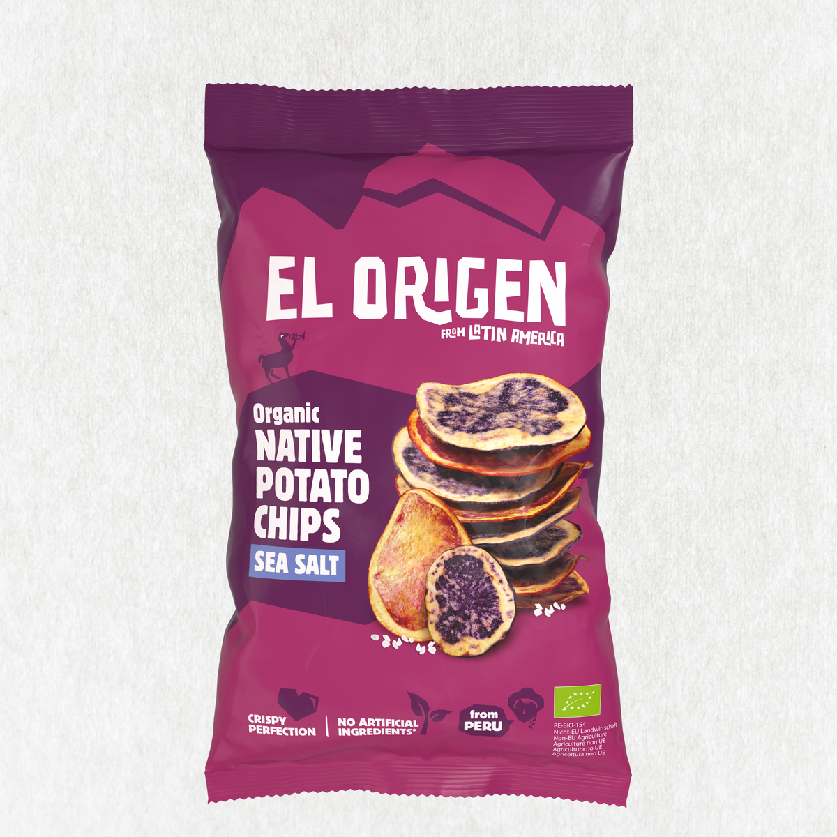 el origen Bio Kartoffelchips mit Meersalz – Native Potato Chips aus bunten Andenkartoffeln, Packung von vorne