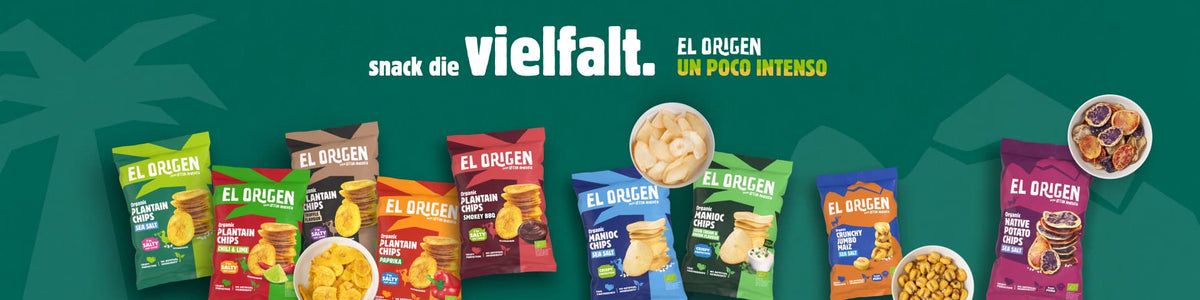 el origen Bio Chips Sortiment mit gefüllten Schalen