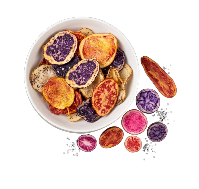 Schale mit bunten Native Potato Chips aus roten und blauen Andenkartoffeln mit Meersalz